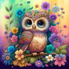 Colorful digital artwork: Two stylized owls with whimsical flowers