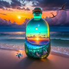 Digital Artwork: Glass Bottle Seascape with Sunset and Marine Life