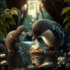 Adult penguins with chick in mystical forest with glowing bubbles