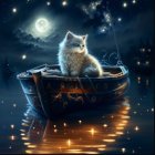 Two Cats in Glowing Boat Under Moonlit Sky