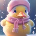 Illustrated Chick in Pink Winter Attire in Snowy Scene