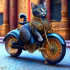 Whimsical cat with human-like eyes on ornate motorcycle in purple cityscape