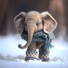 Adorable baby elephant in scarf and snow boots in snowfall