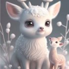 Snow-White Fawn with Blue Eyes and Pearls in Snowy Flora