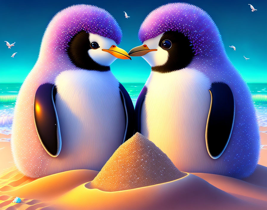 Animated penguins on sandy beach with colorful sunset and sea