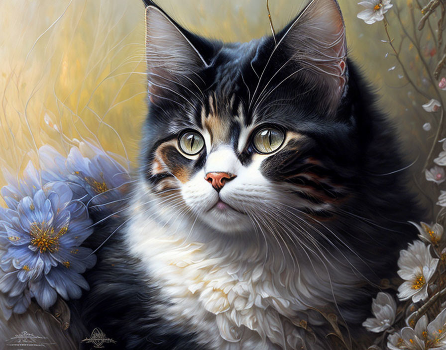 Fluffy Calico Cat Painting with Green Eyes and Flowers