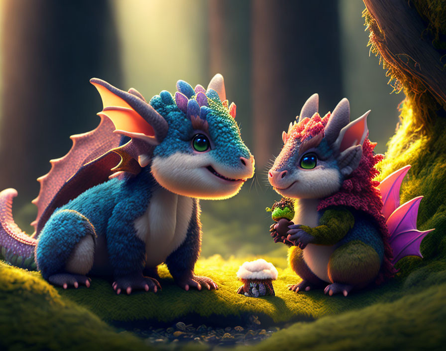 Colorful animated dragons in whimsical forest with mushroom