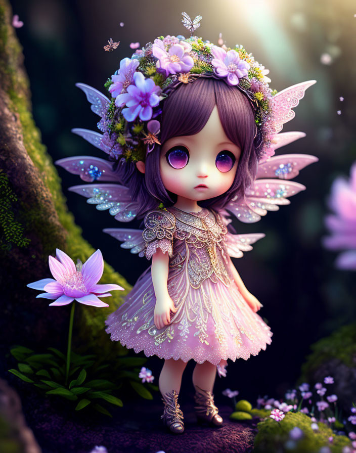 Illustrated fairy character with large eyes, floral wreath, and wings in enchanted forest.