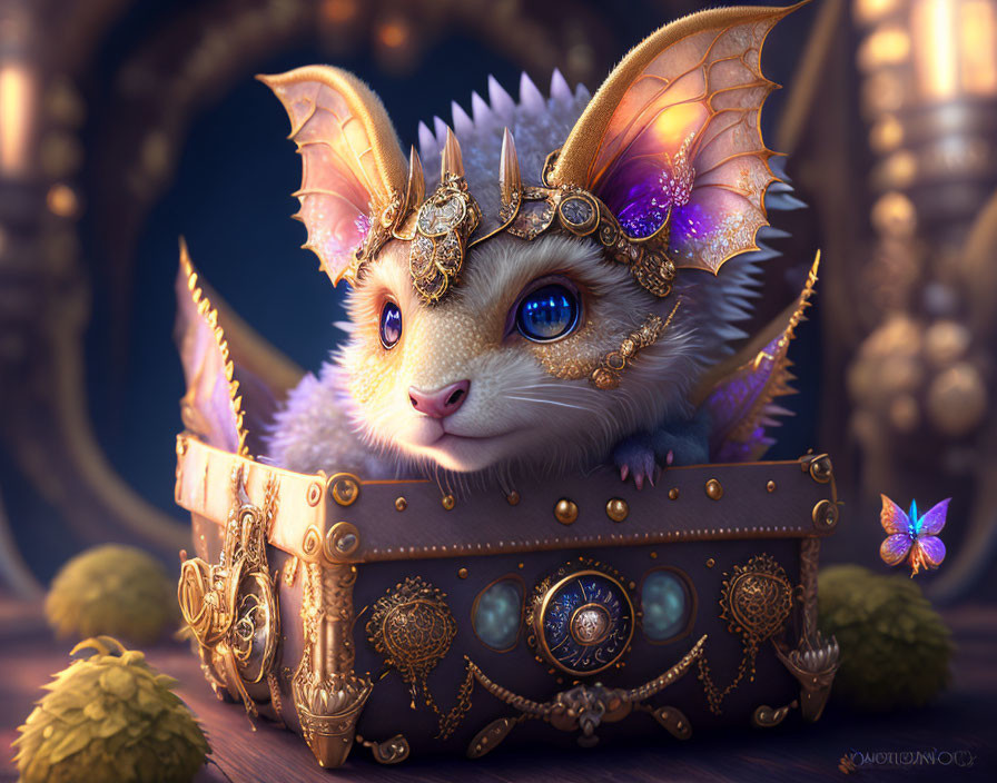 Baby dragon-like creature with hedgehog spines in ornate chest, surrounded by golden baubles