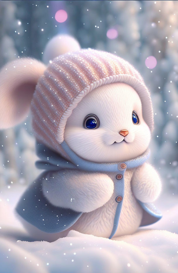 Animated Bunny in Pink Hat and Blue Coat in Snowy Scene