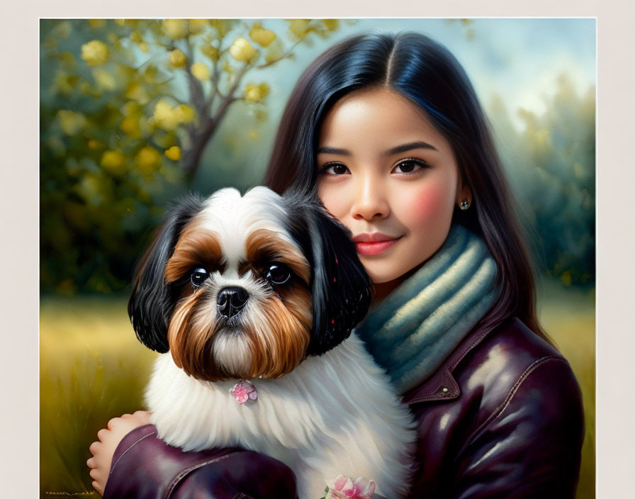 Smiling woman hugging Shih Tzu dog in nature setting