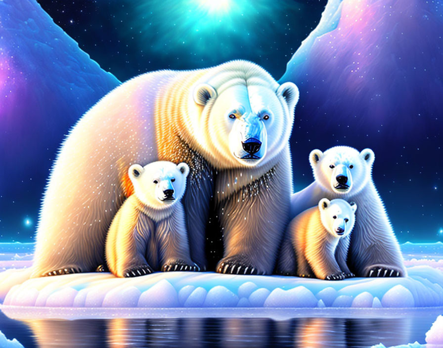 Polar bear family with two cubs on snowy landscape at night