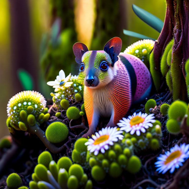 Colorful Stylized Creature Among Vibrant Greenery and Daisies