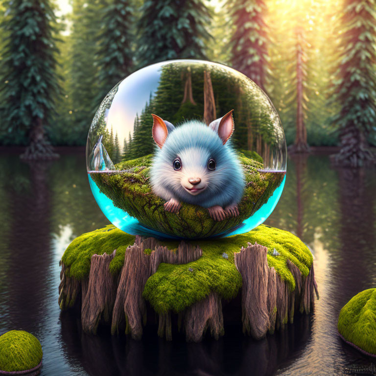 Blue animated creature in bubble on mossy island at sunset