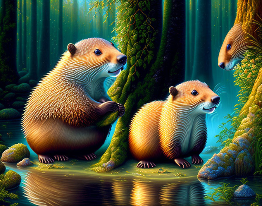 Vibrant fantasy forest scene with stylized hedgehogs