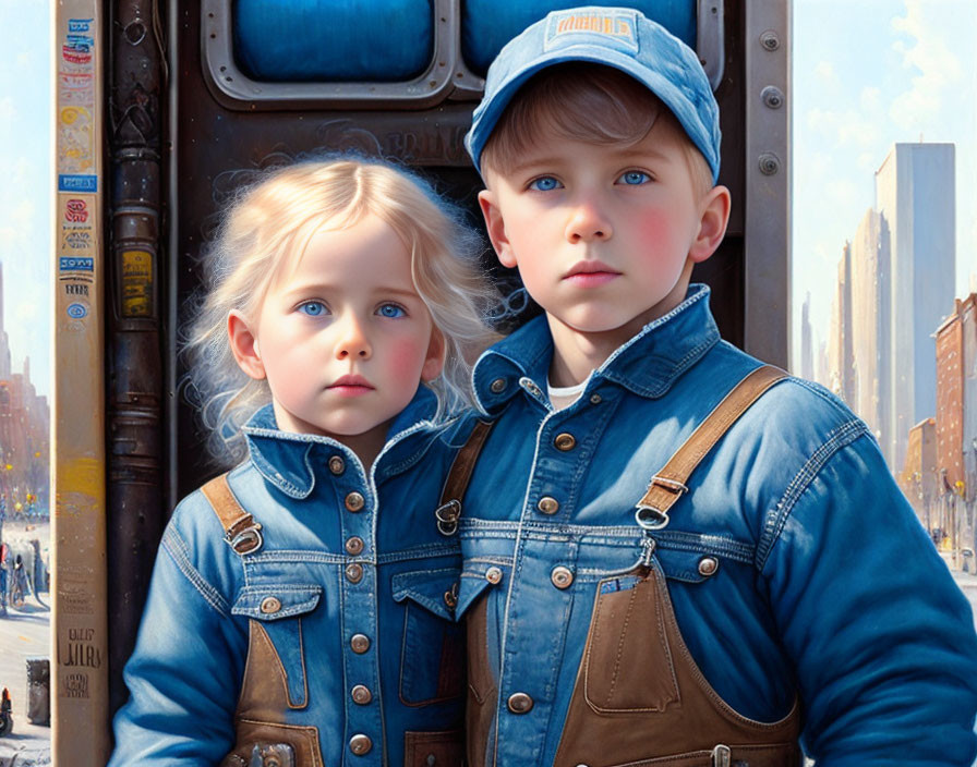 Two Children in Matching Denim Outfits with Blue Caps in Urban Setting