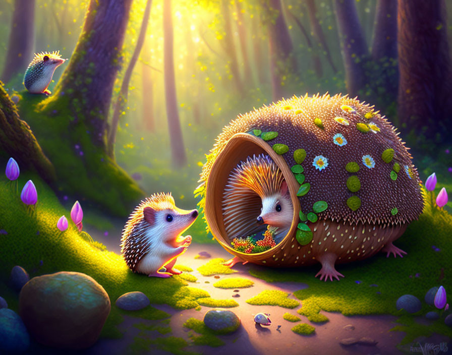 Whimsical forest scene with animated hedgehogs in hollow fruit shell