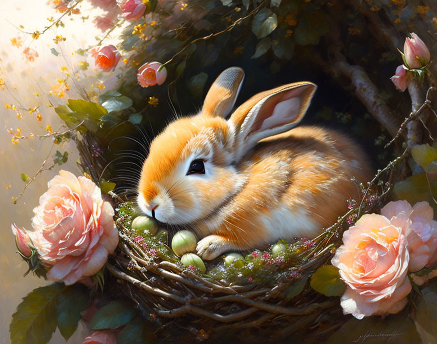 Adorable rabbit in bird's nest with pink roses and green buds