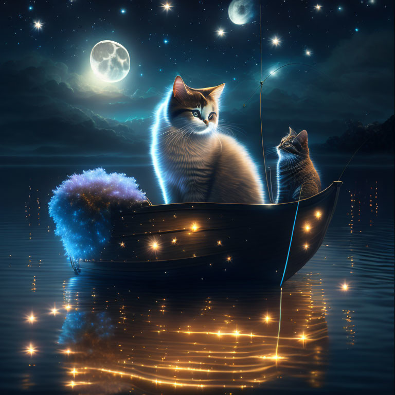 Two Cats in Glowing Boat Under Moonlit Sky