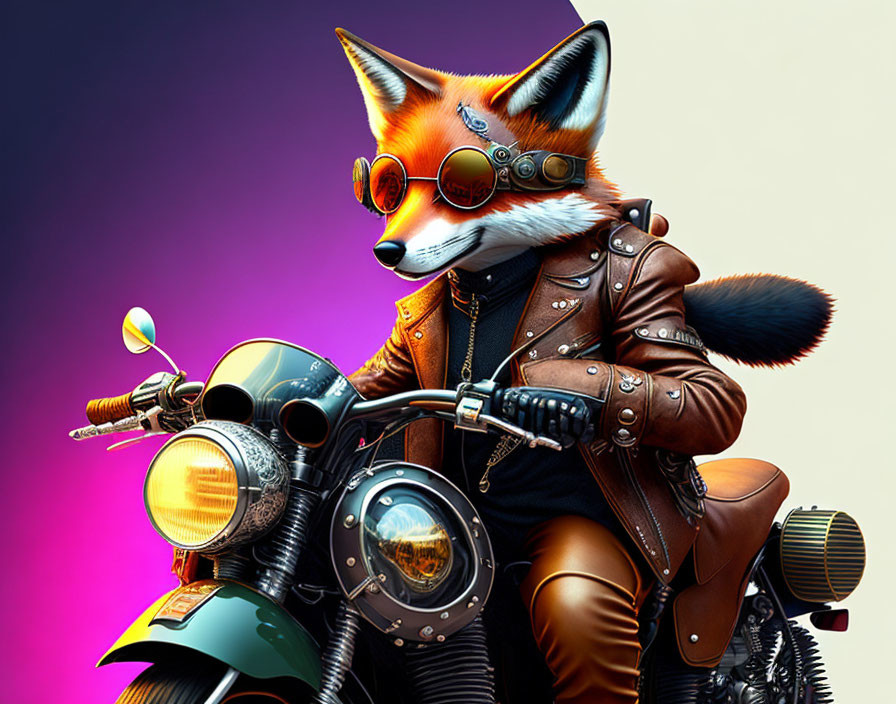 Anthropomorphic fox in leather jacket on motorcycle against purple background