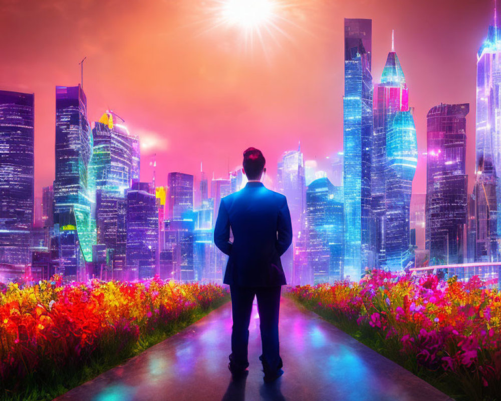 Man in suit on path to vibrant futuristic cityscape at sunset