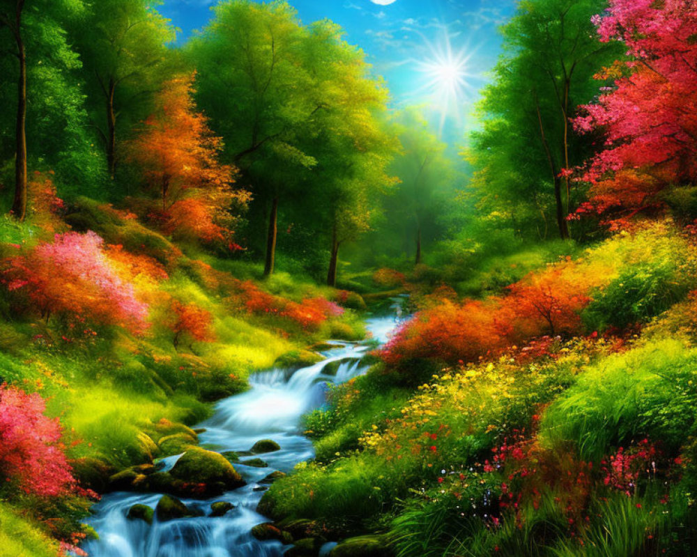 Colorful forest scene with stream, green trees, pink & orange foliage, bright sun, and visible