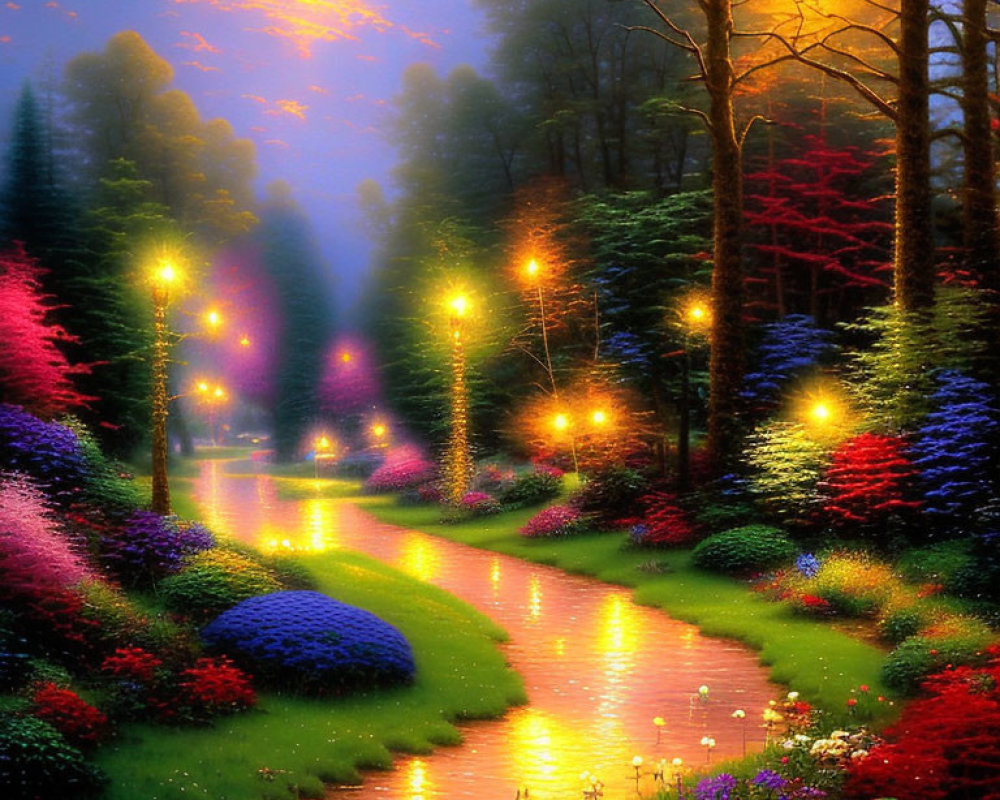 Colorful Blossoms and Glowing Lights in Tree-Lined Path Painting