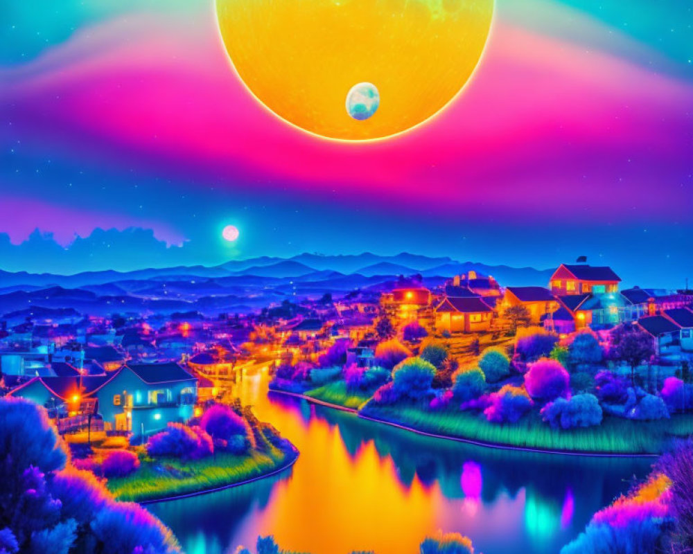 Neon-hued landscape with large moon over suburban area