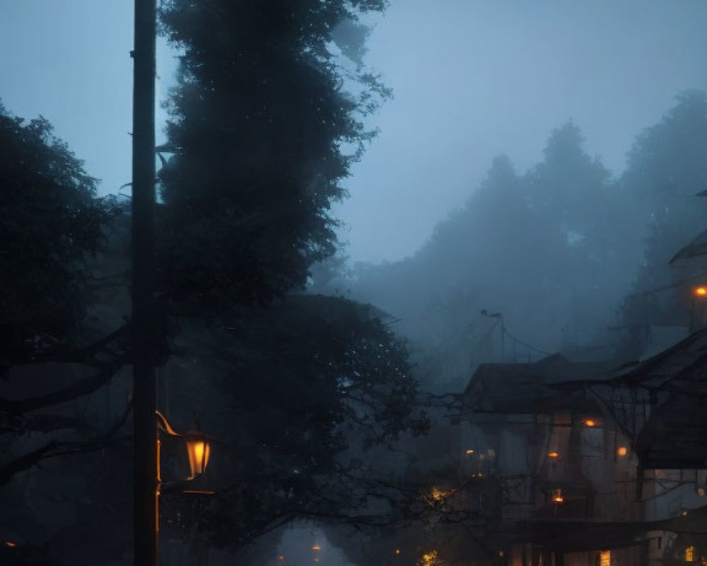 Dimly Lit Street with Glowing Lamps on Foggy Evening