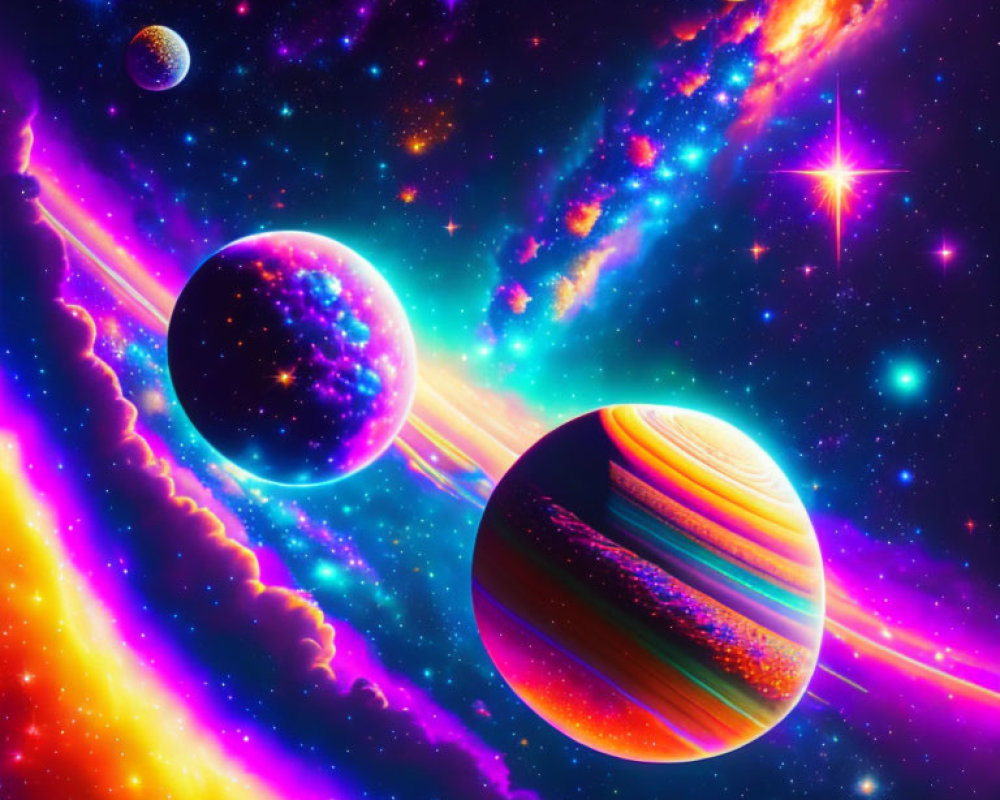 Colorful Cosmic Scene with Planets, Stars, and Nebulae in Neon Hues