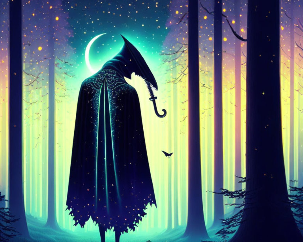 Mystical figure in star-patterned cloak under crescent moon in glowing forest with butterflies