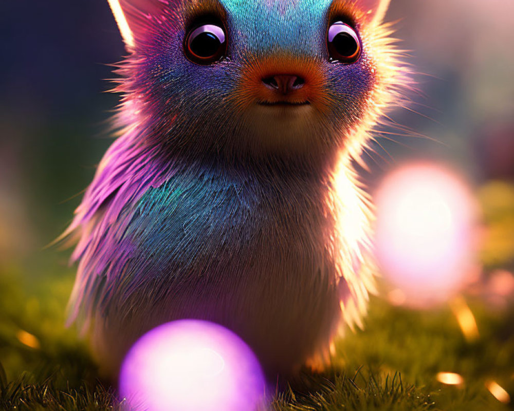 Colorful Fluffy Creature with Expressive Eyes in Grassy Area