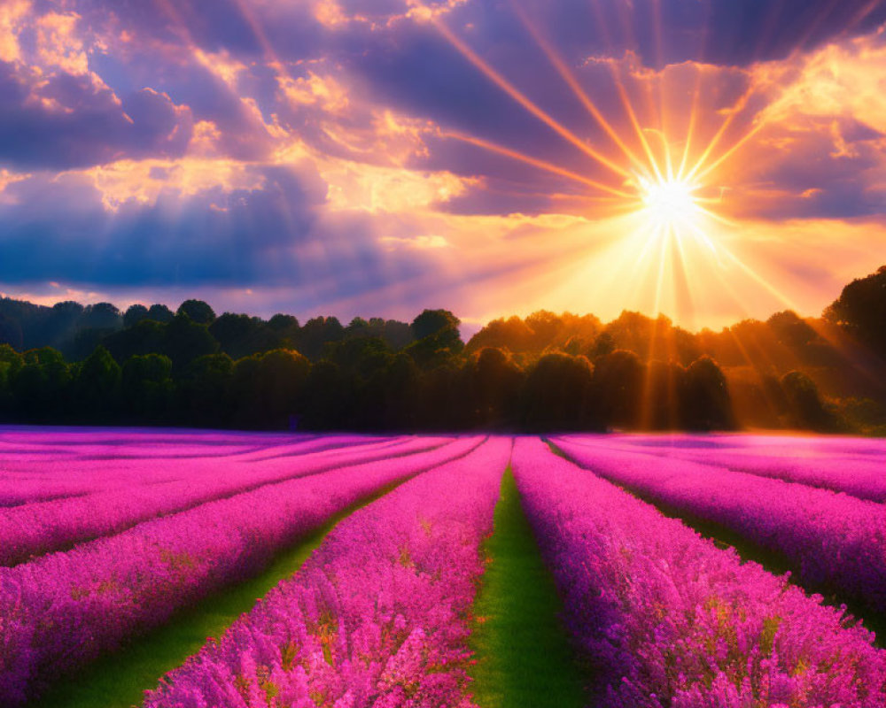 Vibrant lavender field at sunset with dramatic sky