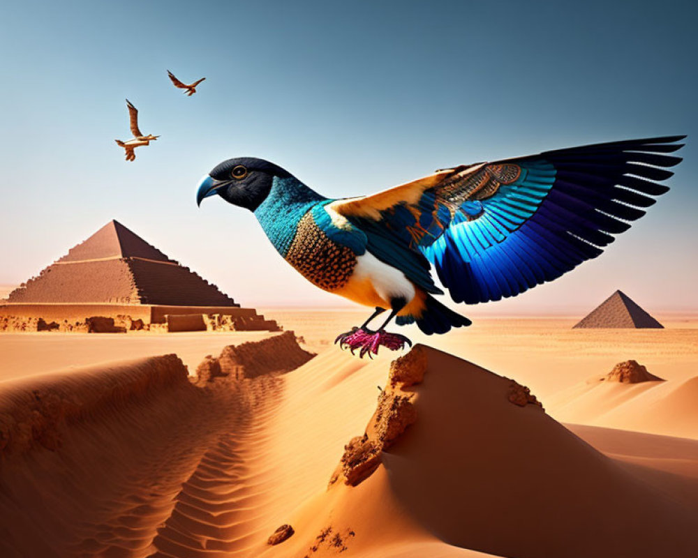 Colorful bird flying over desert with pyramids in digitally manipulated image