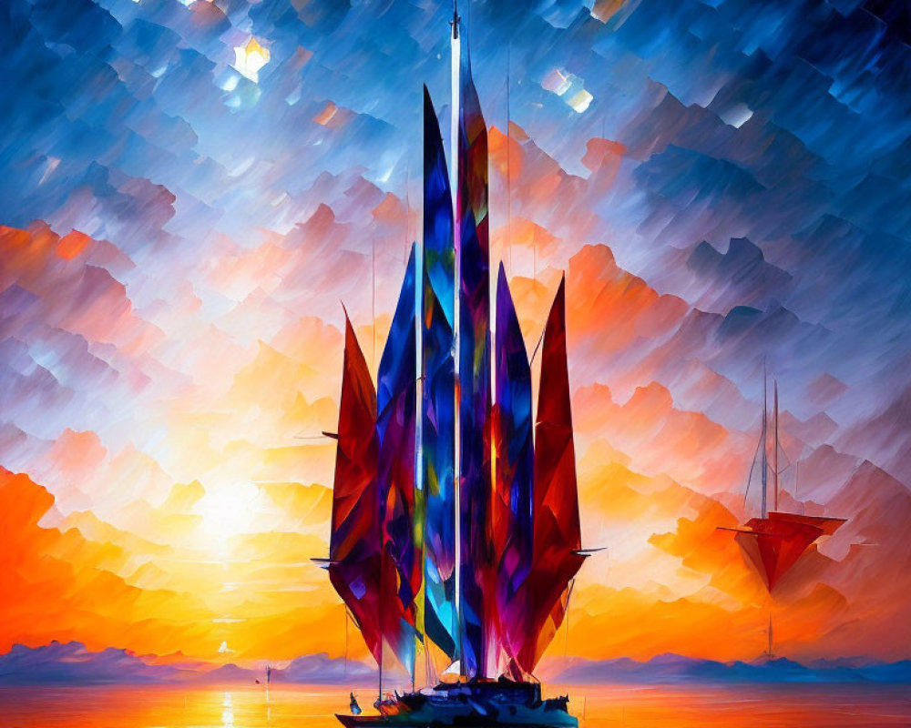 Colorful sailboat on reflective sea with vivid sunset sky in digital art