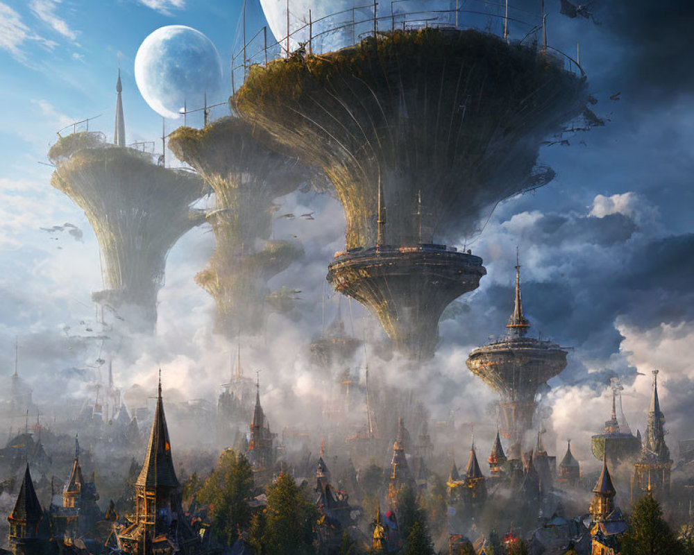 Fantastical city with towering mushroom-shaped structures and large moon in the sky