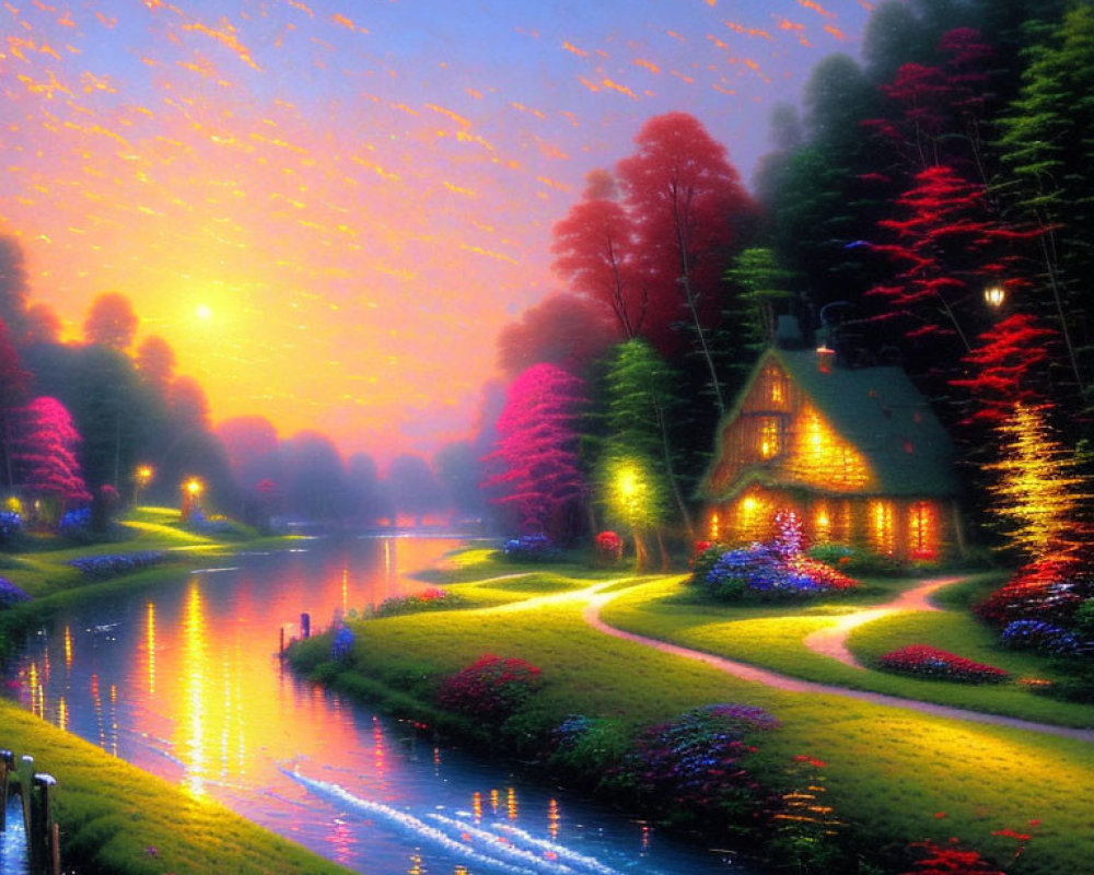 Charming cottage by tranquil river at dusk