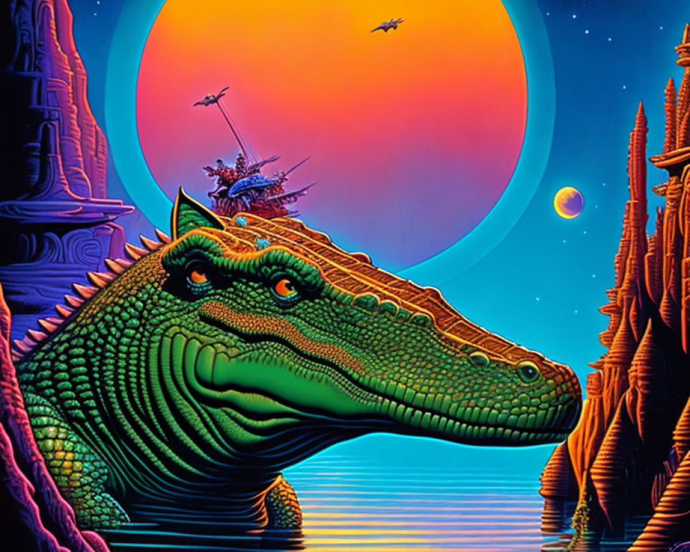 Surreal sci-fi scene with alligator, alien spires, setting sun, and spaceships