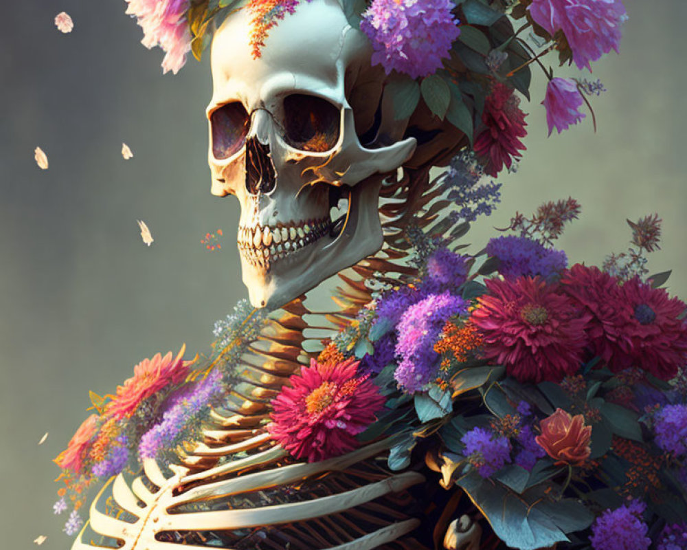 Colorful Flower-Decorated Skeleton with Falling Petals