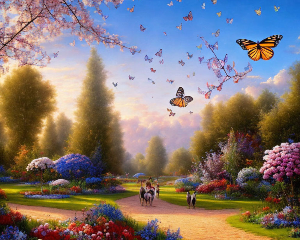 Blooming flowers, cherry blossoms, butterflies in vibrant garden path