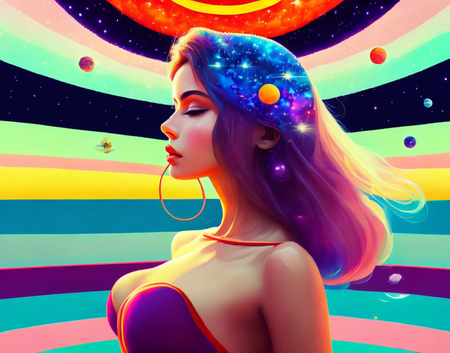 Colorful digital artwork: Woman with galaxy hair on cosmic background