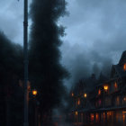 Dimly Lit Street with Glowing Lamps on Foggy Evening