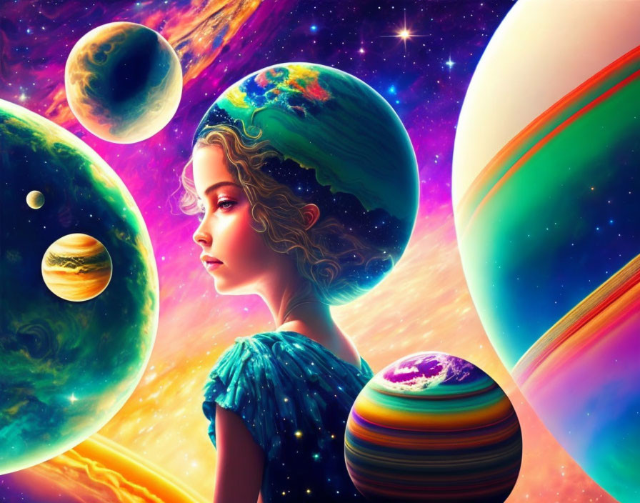 Colorful artwork: Woman's profile with cosmos-themed hair in vibrant space scene