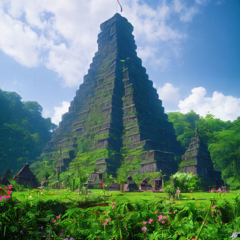 Ancient step pyramid in lush greenery and vibrant flowers