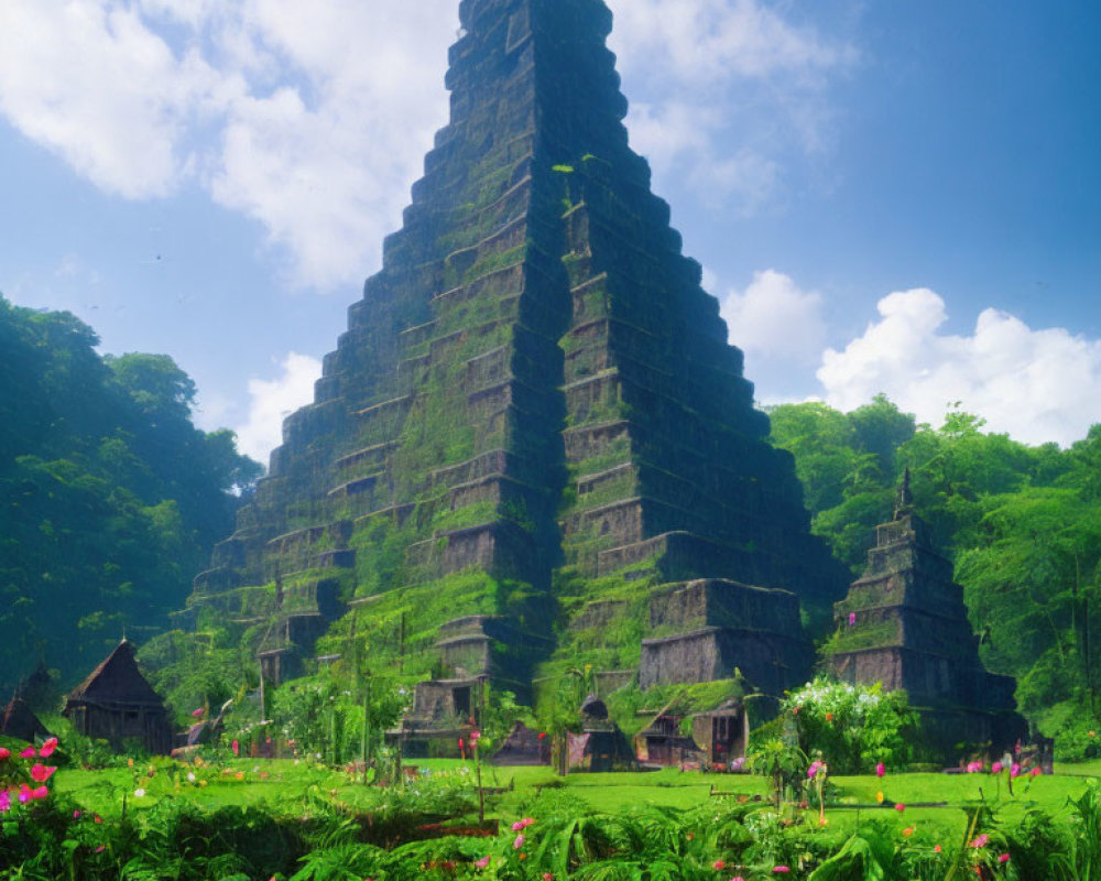 Ancient step pyramid in lush greenery and vibrant flowers