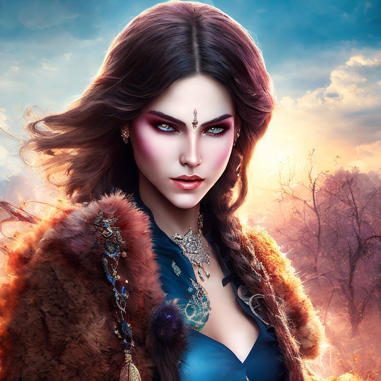 Illustration of woman with purple eyes, wavy hair, fantasy makeup, fur-trimmed attire