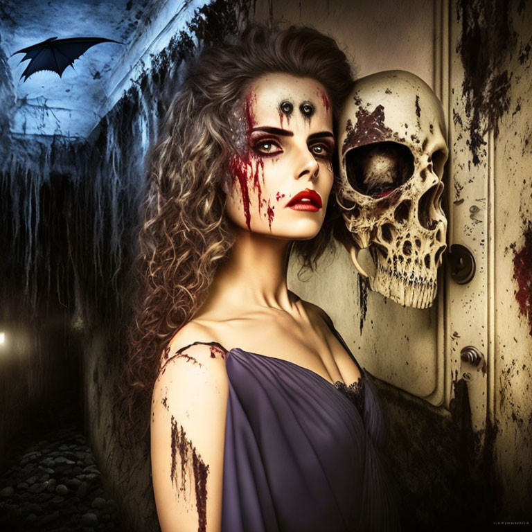 Woman with zombie-like makeup and bloodstains next to skull under eerie backdrop.