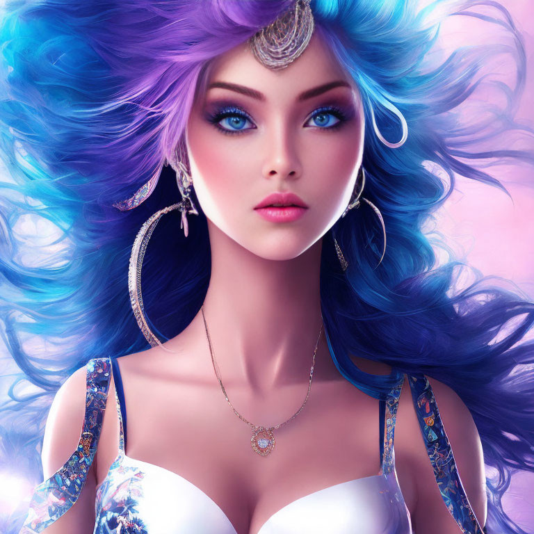 Vibrant blue-haired woman with jeweled headpiece and striking eyes