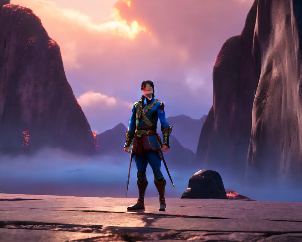 Blue and gold attired sword-wielding character on stone platform amidst misty mountains and dramatic sky