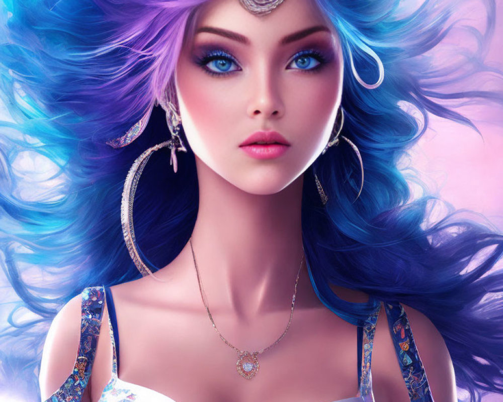 Vibrant blue-haired woman with jeweled headpiece and striking eyes